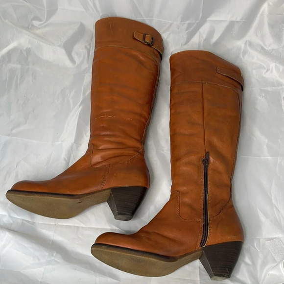 Aback A&B Cognac Leather Knee High Boots Buckle  Heels Faux Fur Inner Band 38 EU - Picture 8 of 16